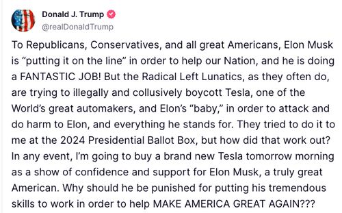 Tesla’s stock price plunging, the president made a bombastic announcement in support of “truly great American” Musk.