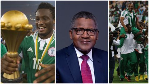 Aliko Dangote (middle) owes Mikel Obi and other Super Eagles stars for their AFCON 2013 win.