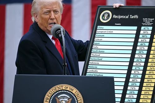 US President Donald Trump holds a chart as he delivers remarks on reciprocal tariffs during an event in the Rose Garden