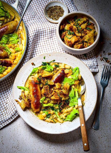 Irish Sausage & White Bean Cassoulet with Herby Garlic Crumbs