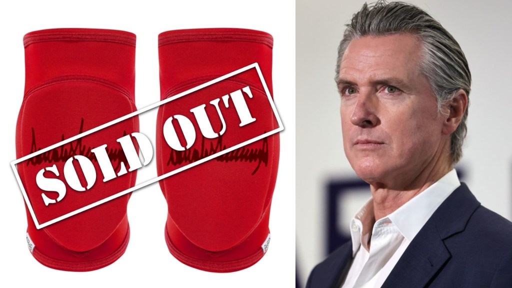 California’s Governor Gavin Newsom shows off customized knee pads for world leaders and CEOs ‘bending the knee’ for&nbsp;Trump