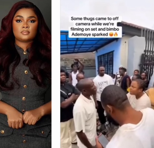 Nollywood actress Bimbo Ademoye confronting a group of area boys who stormed her movie set to demand for ‘’settlement” has made the rounds on social&nbsp;media.