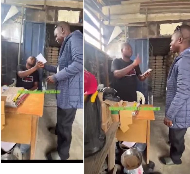 Heated exchange erupts after customer returns 4 months later to collect cement bought at old price.